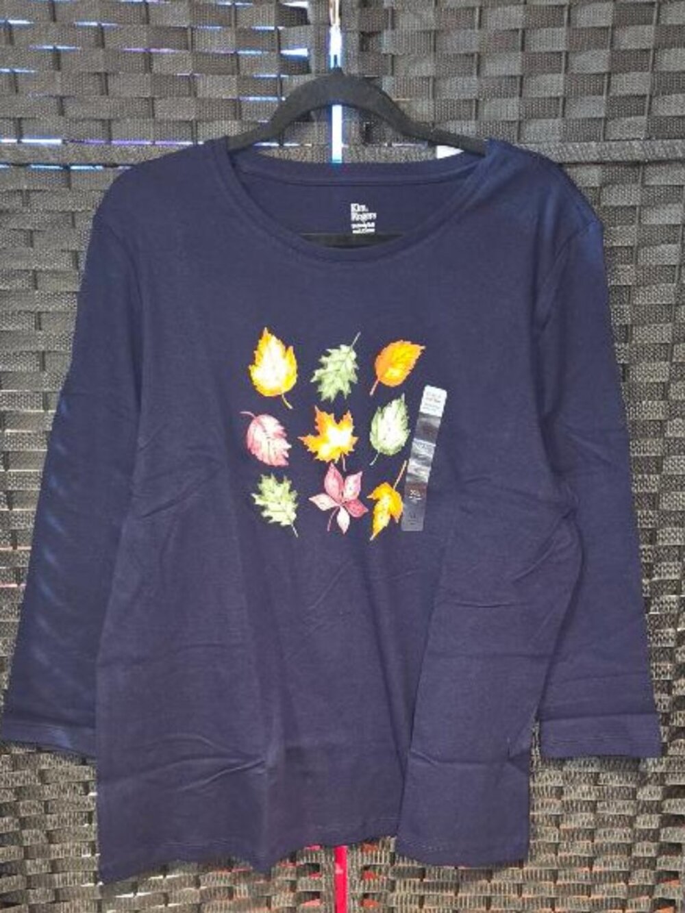 Kim Rogers 3/4 Sleeve Navy Blue Autumn Leaves Graphic Knit Top 100% Cotton